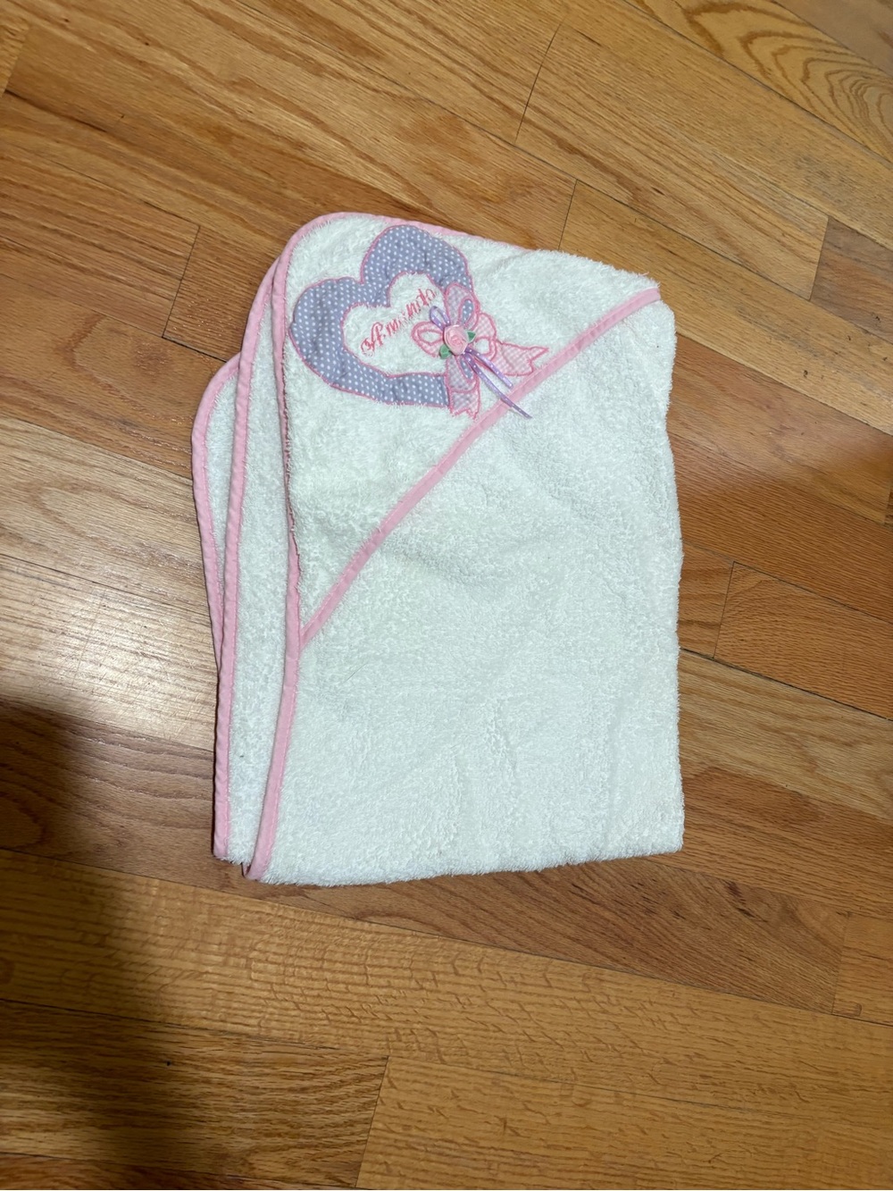 White Baby Hooded Towel with Pink Trim and Heart Applique
